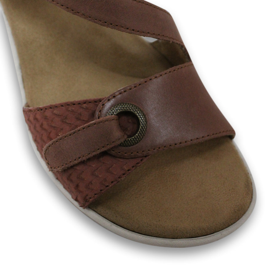 FRONT VIEW OF BROWN MID HEEL WITH Y BACK STRAP, WHITE SOLE 
