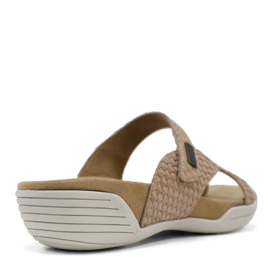 BACK VIEW OF TAUPE FLAT SANDAL WITH TRANGLE TEXTURED STRAPS, OPEN TOE AND WHITE SOLE 