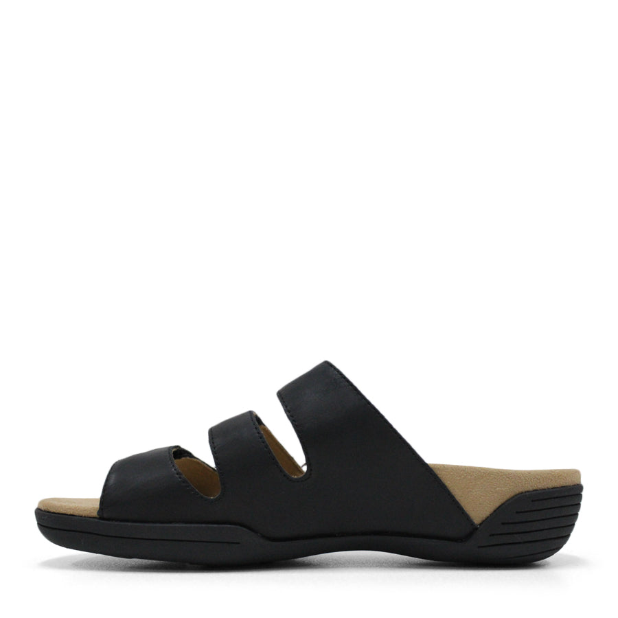 SIDE VIEW OF BLACK FLAT SANDAL WITH TRANGLE TEXTURED SIDE PANELS, OPEN TOE, OPEN BACK, BLACK SOLE AND THREE STRAPS ACROSS THE FRONT 