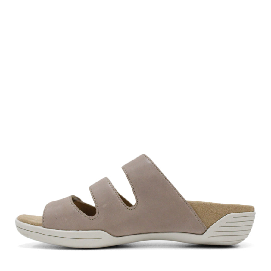 SIDE VIEW OF TAUPE FLAT SANDAL WITH TRANGLE TEXTURED SIDE PANELS, OPEN TOE, OPEN BACK, WHITE SOLE AND THREE STRAPS ACROSS THE FRONT 