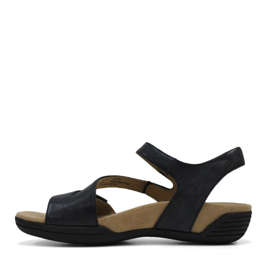  SIDE VIEW OF BLACK FLAT SANDAL WITH OPEN TOE, OPEN BACK, WHITE SOLE AND THREE STRAPS ACROSS THE FRONT 