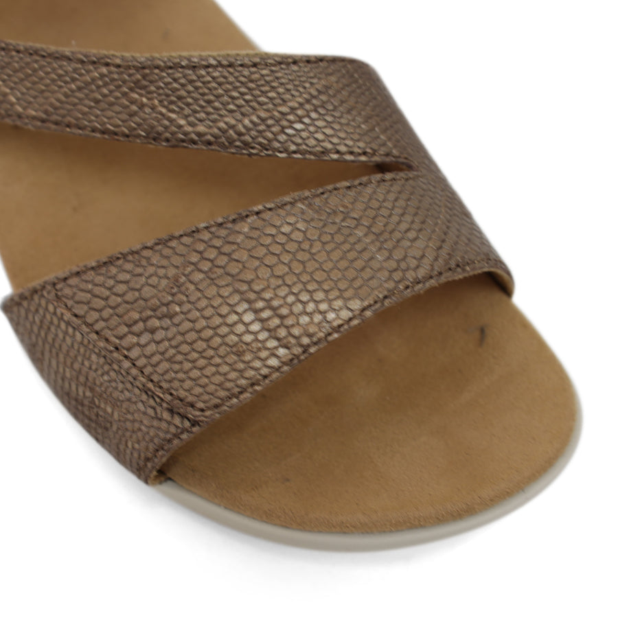 FRONT VIEW OF BRONZE FLAT SANDAL WITH OPEN TOE, OPEN BACK, WHITE SOLE AND THREE STRAPS ACROSS THE FRONT 