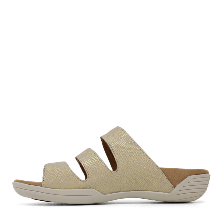 SIDE VIEW OF GOLD FLAT SANDAL WITH TRANGLE TEXTURED SIDE PANELS, OPEN TOE, OPEN BACK, WHITE SOLE AND THREE STRAPS ACROSS THE FRONT 