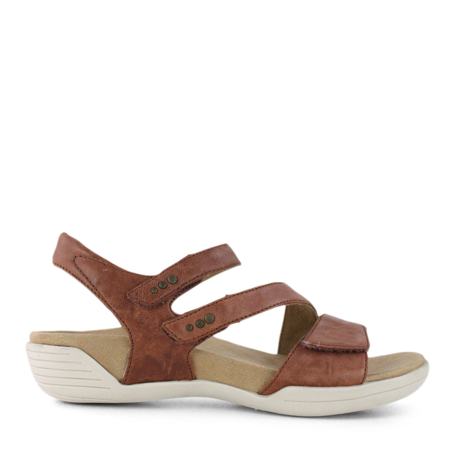 SIDE VIEW OF COGNAC FLAT SANDAL WITH OPEN TOE, OPEN BACK, WHITE SOLE AND THREE STRAPS ACROSS THE FRONT 