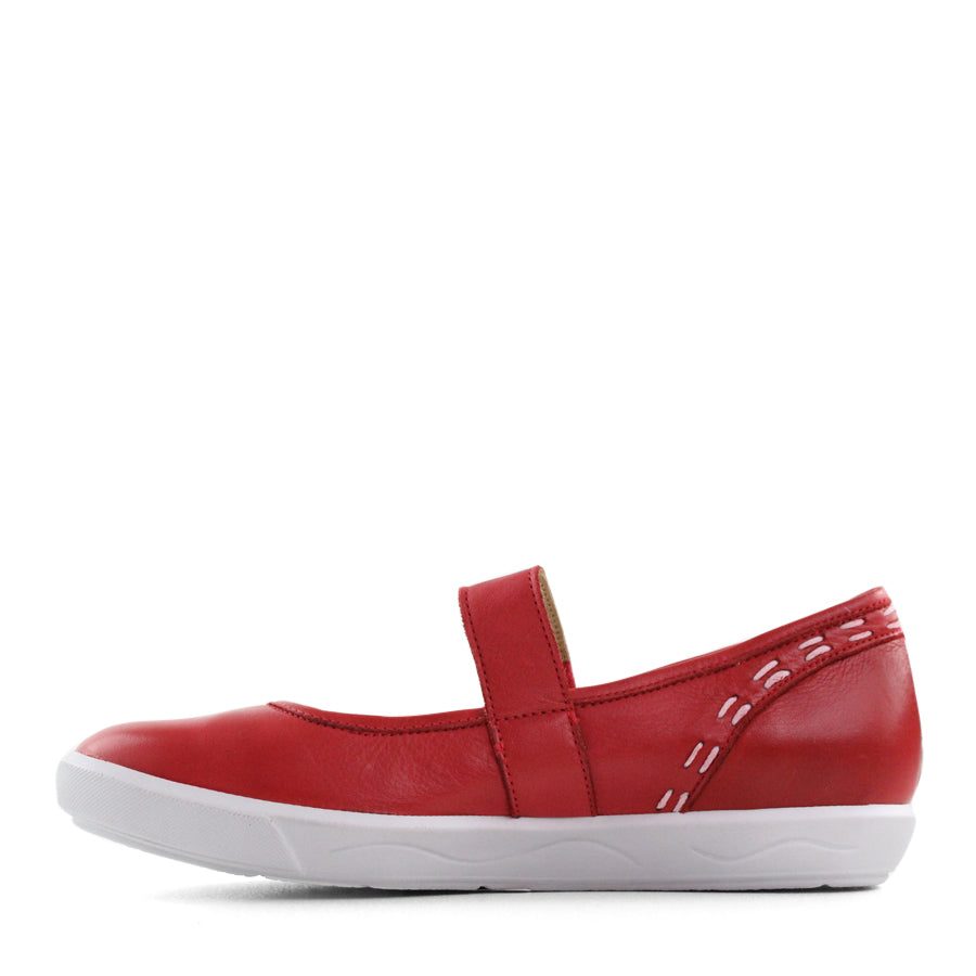SIDE VIEW OF RED CASUAL SHOE WITH MARY JANE STYLE STRAP ACROSS THE TOP AND WHITE STITCH DETAIL   
