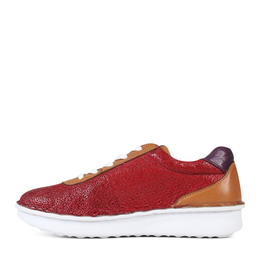 SIDE VIEW OF PATTERNED RED LEATHER LACE UP SNEAKER WITH TAN PANELS AND WHITE SOLE 