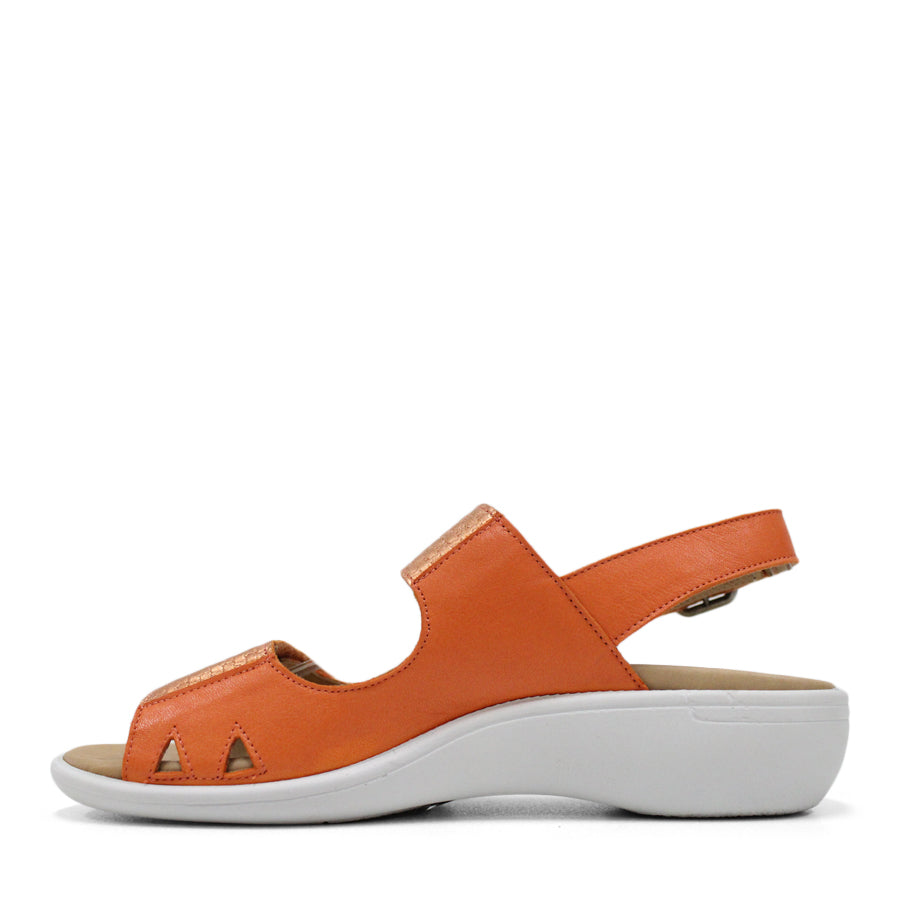 SIDE VIEW OF ORANGE Y BACK SANDAL WITH BUCKLE AND CUT OUT DETAILLING NEAR TOES 