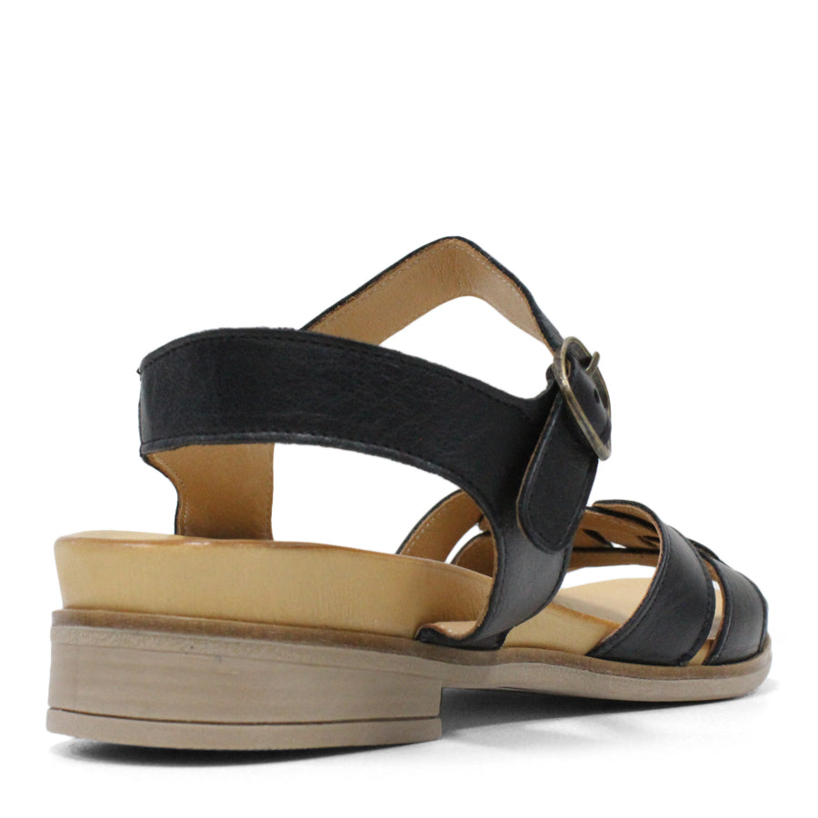 BACK VIEW OF BLACK LEATHER SANDAL WITH INTERWOVEN Y-BACK AND BUCKLE