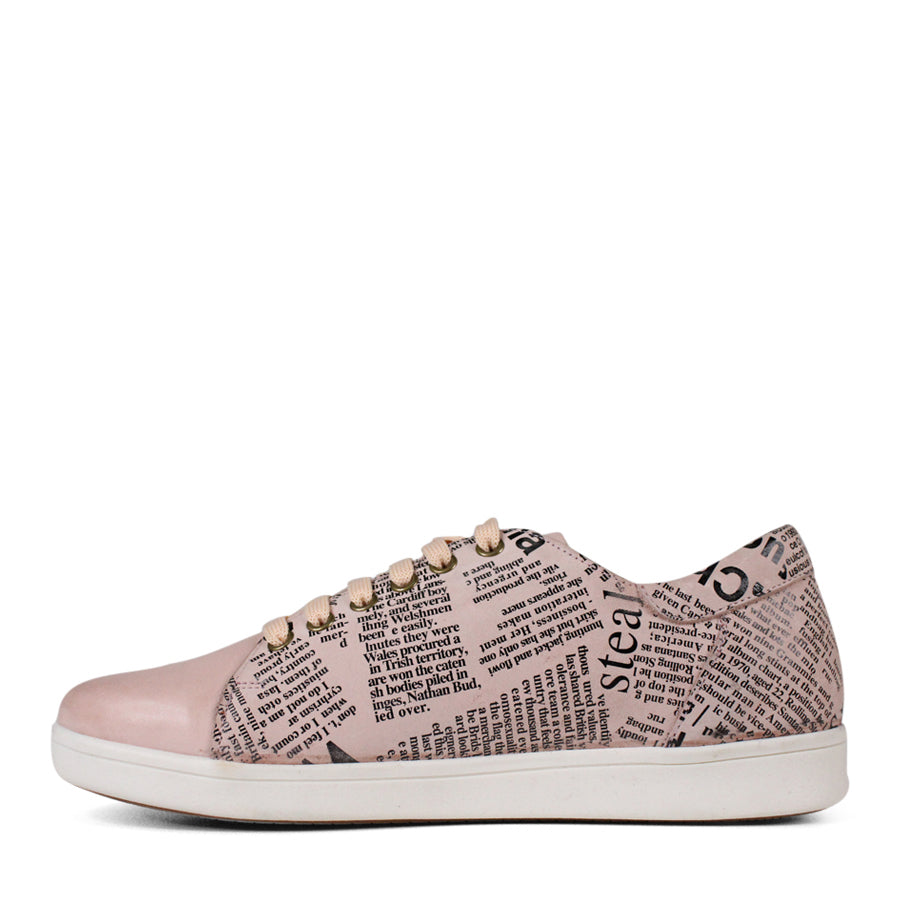 SIDE VIEW OF PINK NEWSPAPER PRINT LACE UP SNEAKER WITH WHITE SOLE 