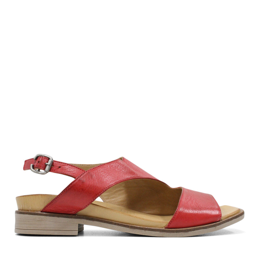 SIDE VIEW RED SANDAL WITH SQAURE TOE AND ADJUSTABLE BUCKLE 