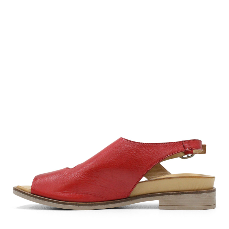 SIDE VIEW RED SANDAL WITH SQAURE TOE AND ADJUSTABLE BUCKLE 
