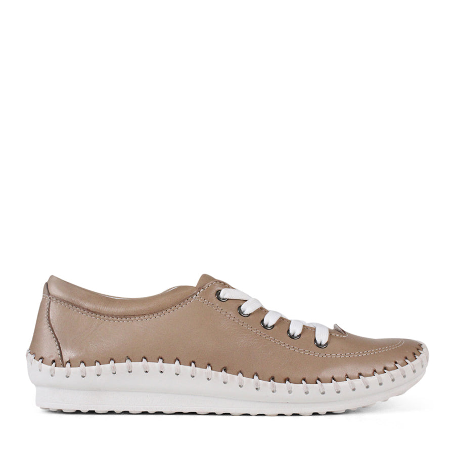 SIDE VIEW OF GREY LACE UP CASUAL SHOE WITH WHITE STITCH DETAIL ACROSS THE TOP OF THE SOLE