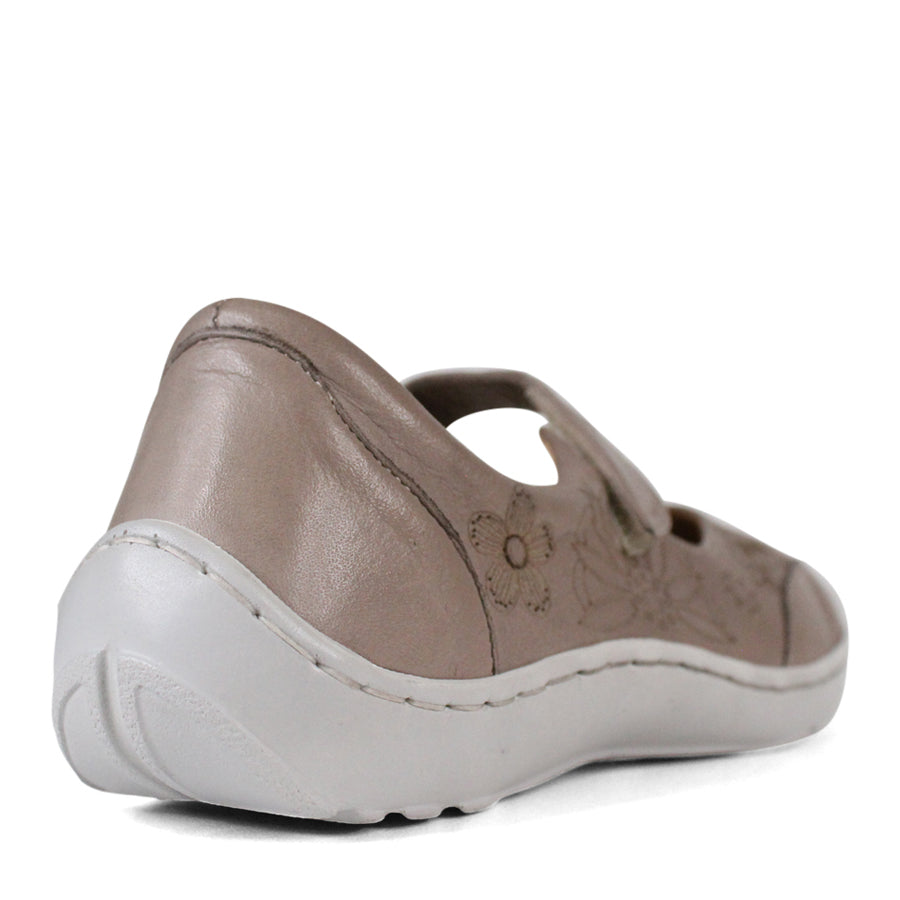 BACK VIEW OF GREY CASUAL SHOE WITH VELCRO STRAP AND WHITE SOLE. FLOWERS ON THE SIDES AND TOP OF THE SHOE 