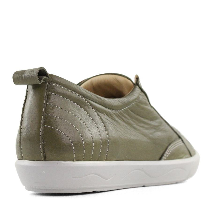 BACK VIEW OF GREEN LACE UP SNEAKER WITH WHITE STITCHING AND SOLE 