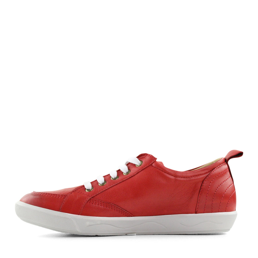 SIDE VIEW OF RED LACE UP SNEAKER WITH WHITE SOLE 