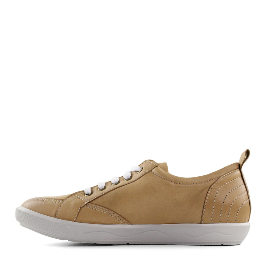 SIDE VIEW OF BEIGE LACE UP SNEAKER WITH LIGHT STITCHING AND SOLE 
