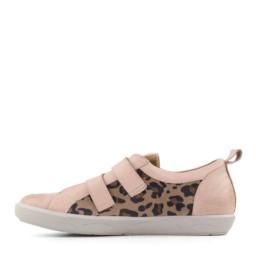 SIDE VIEW OF PINK CASUAL SHOE WITH TWO VELCRO STRAPS AND LEOPARD PRINT PANELLING