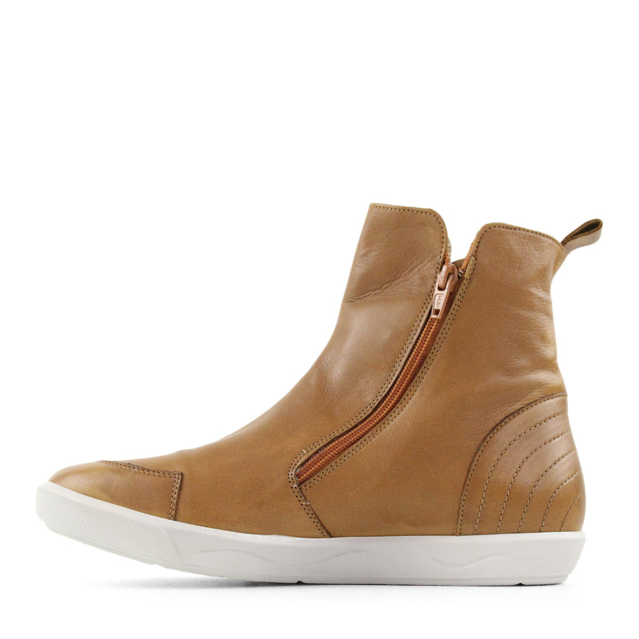 SIDE VIEW OF BROWN ZIP UP ANKLE BOOT WITH WHITE SOLE 