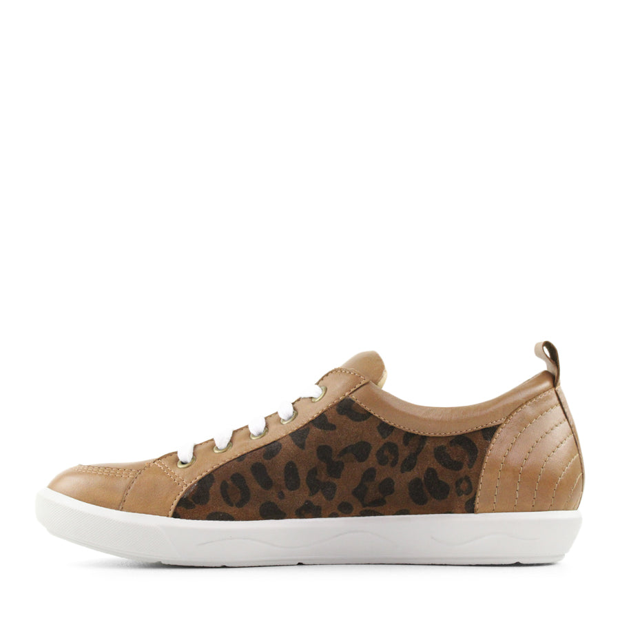 SIDE VIEW OF BROWN LACE UP SNEAKER WITH LEOPARD PRINT PANELS ON THE SIDES 