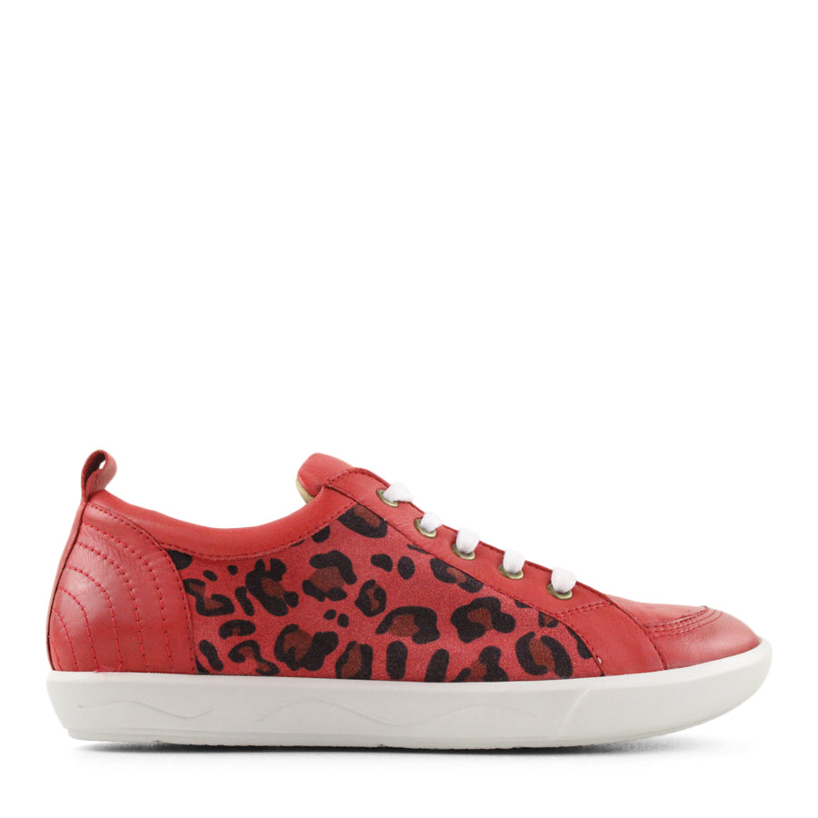 SIDE VIEW OF RED LACE UP SNEAKER WITH LEOPARD PRINT PANELS ON THE SIDES 