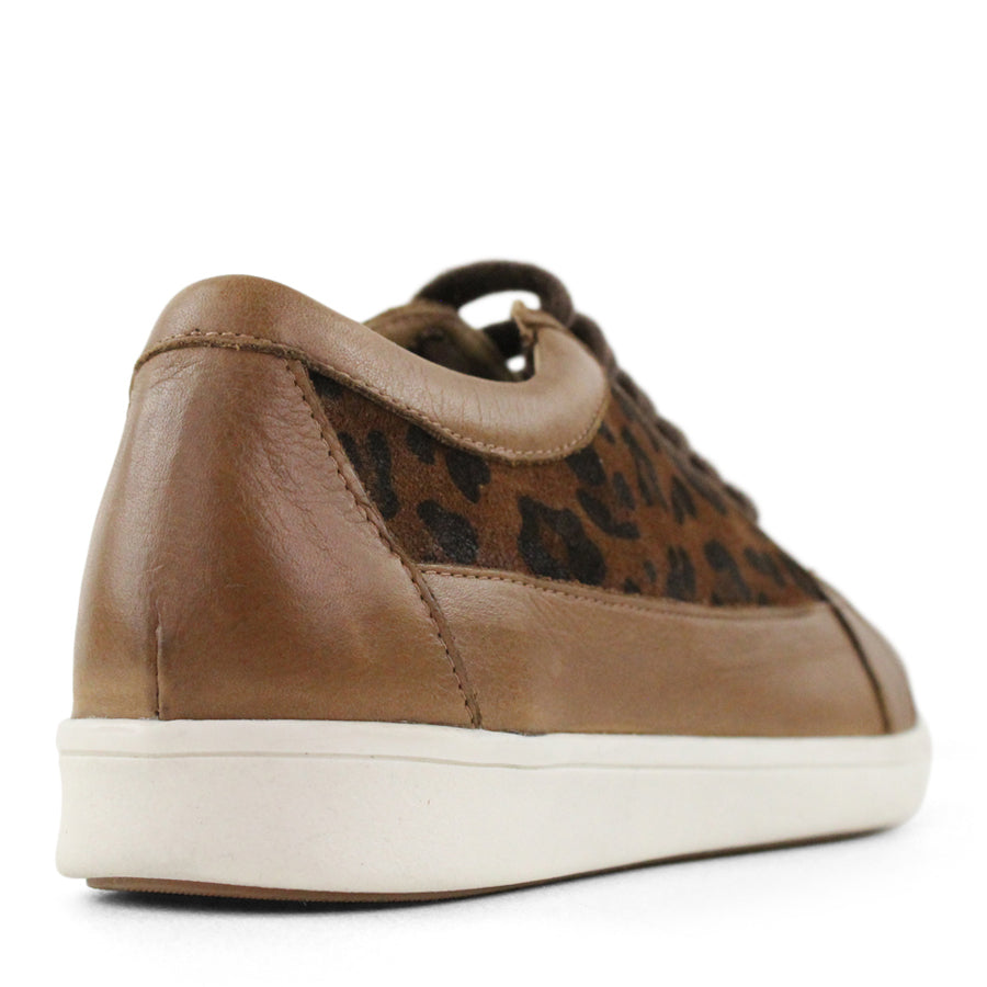 BACK VIEW OF BROWN LEOPARD PRINT LACE UP SNEAKER WITH WHITE SOLE 