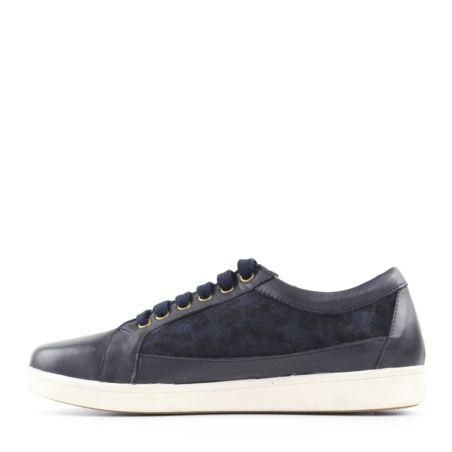 SIDE VIEW OF BLUE LEOPARD PRINT LACE UP SNEAKER WITH WHITE SOLE 