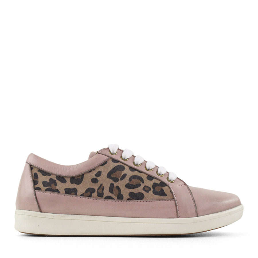 SIDE VIEW OF PINK LEOPARD PRINT LACE UP SNEAKER WITH WHITE SOLE 