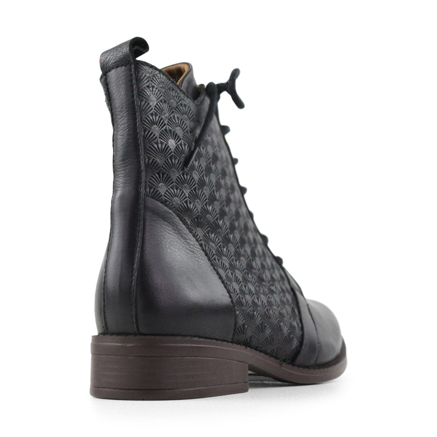 BACK VIEW OF BLACK ANKLE LACE UP BOOT WITH PATTERNED LEATHER DETAILS 