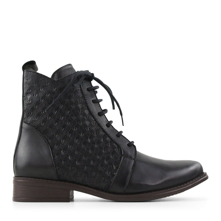 SIDE VIEW OF BLACK ANKLE LACE UP BOOT WITH PATTERNED LEATHER DETAILS 
