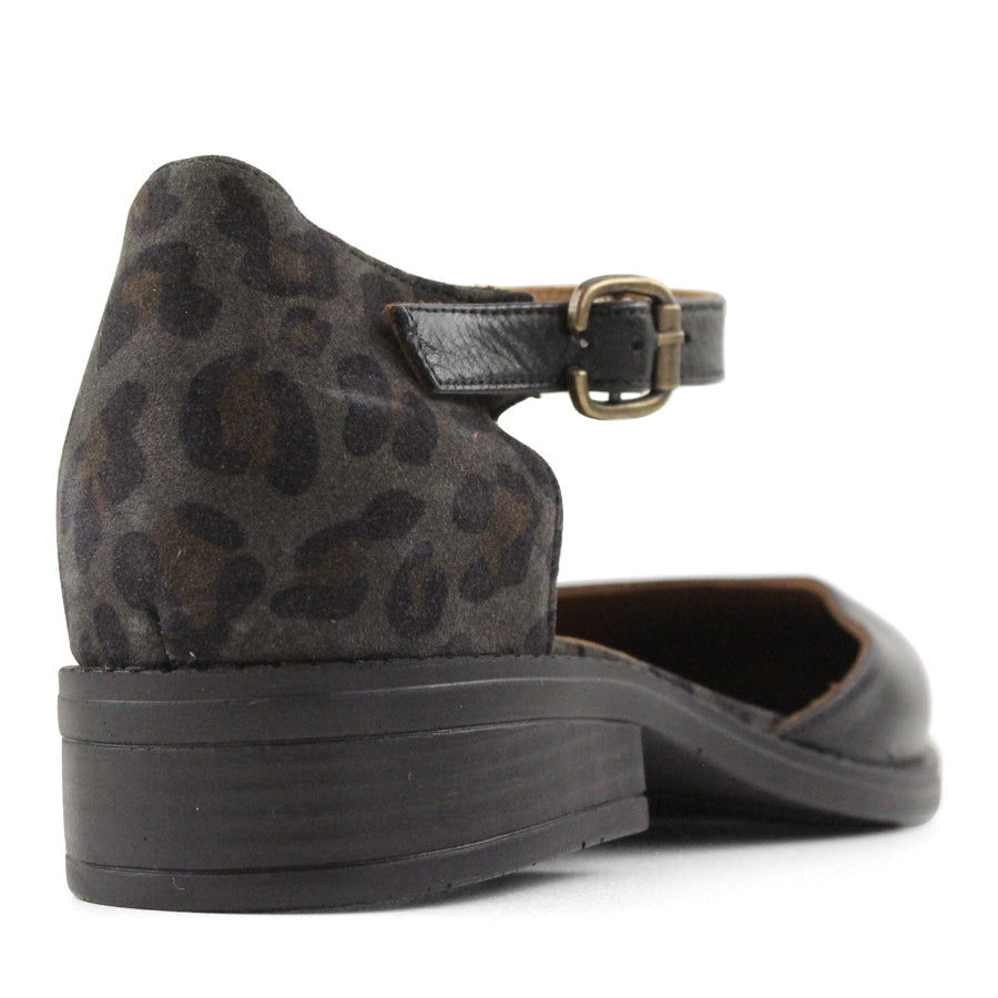 BACK VIEW NAVY MARY JANE STYLE FLAT WITH LEOPARD PRINT AND CUTOUT DETAILING