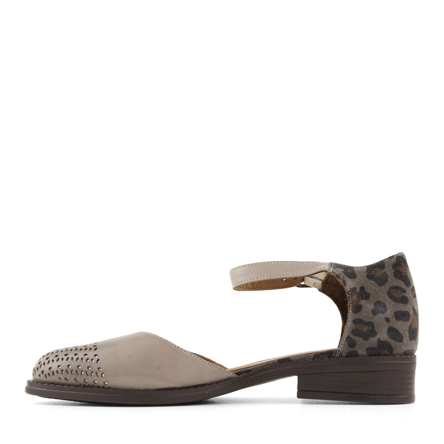 SIDE VIEW GREY MARY JANE STYLE FLAT WITH LEOPARD PRINT AND CUTOUT DETAILING