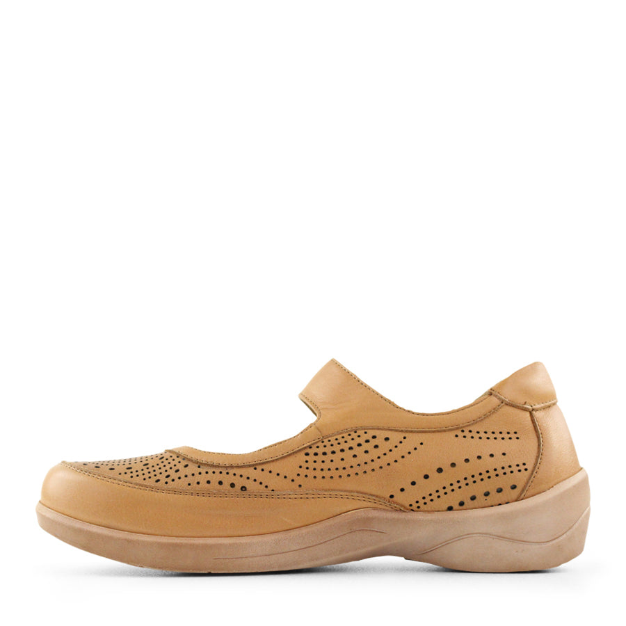 SIDE VIEW OF TAN CASUAL SHOE WITH VELCRO STRAP AND LASER CUT DETAILING