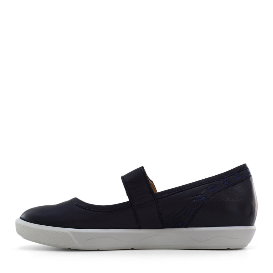 SIDE VIEW OF NAVY CASUAL SHOE WITH MARY JANE STYLE STRAP ACROSS THE TOP