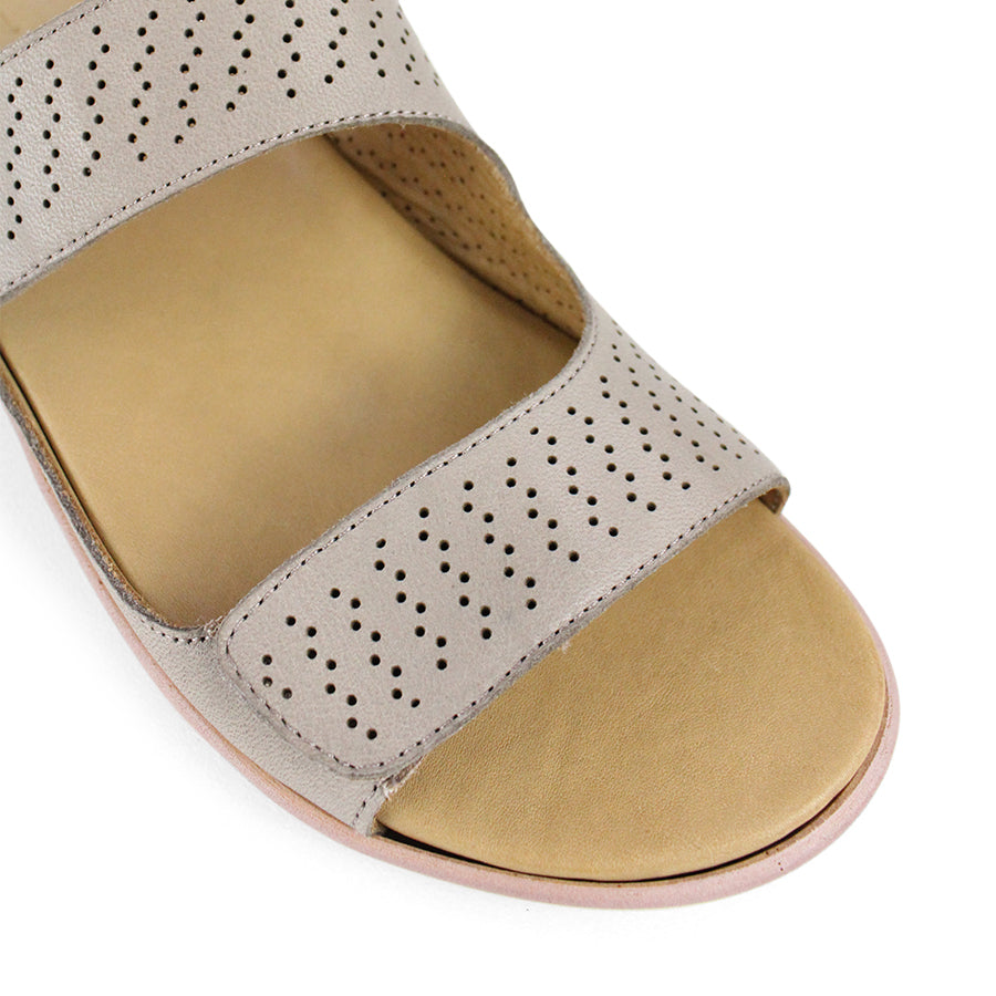 FRONT VIEW OF GREY Y BACK SANDAL WITH VELCRO ADJUSTABLE STRAPS AND PERFORATED DETAILING