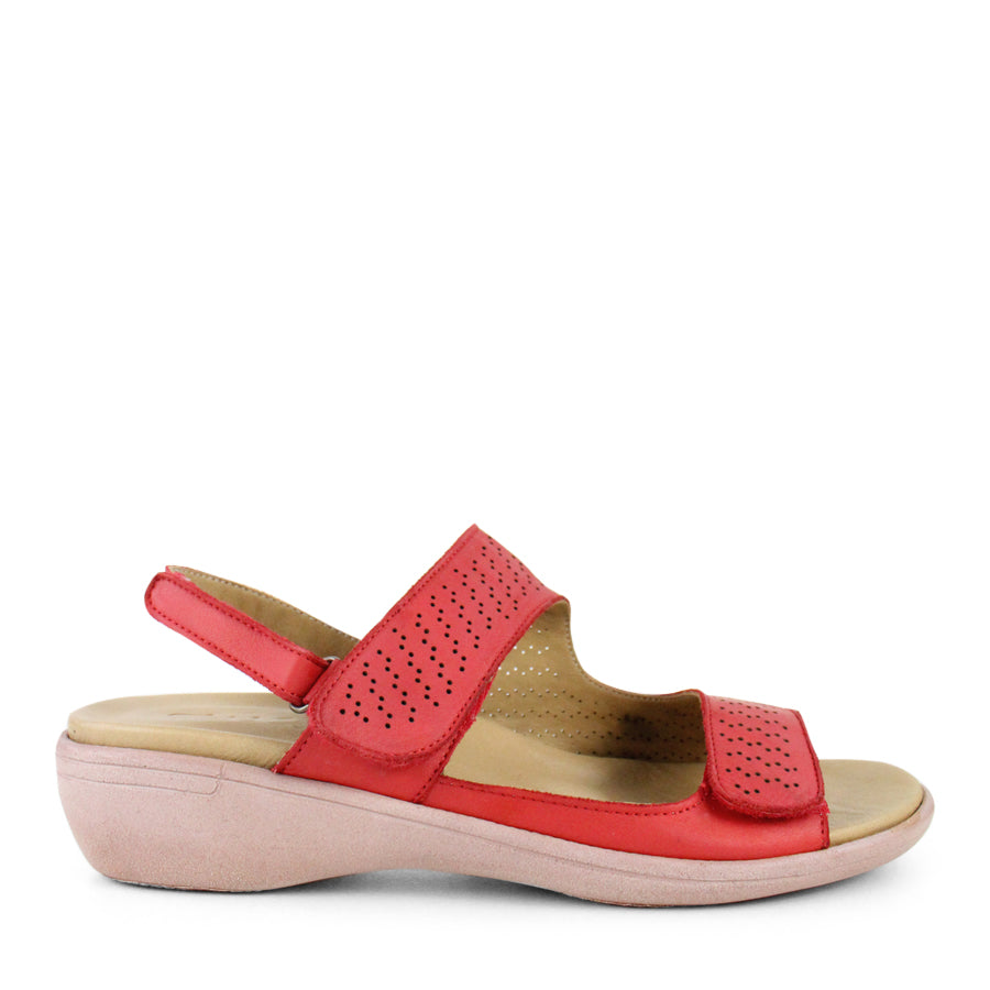 SIDE VIEW OF RED Y BACK SANDAL WITH VELCRO ADJUSTABLE STRAPS AND PERFORATED DETAILING 