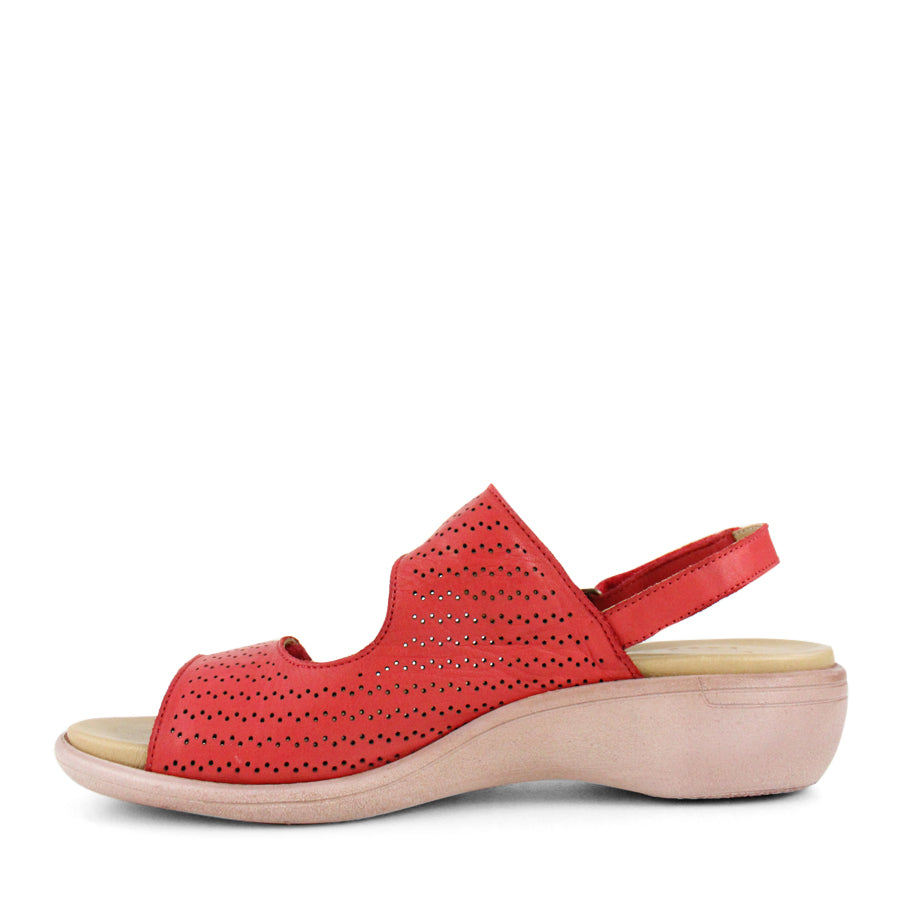SIDE VIEW OF RED Y BACK SANDAL WITH VELCRO ADJUSTABLE STRAPS AND PERFORATED DETAILING 