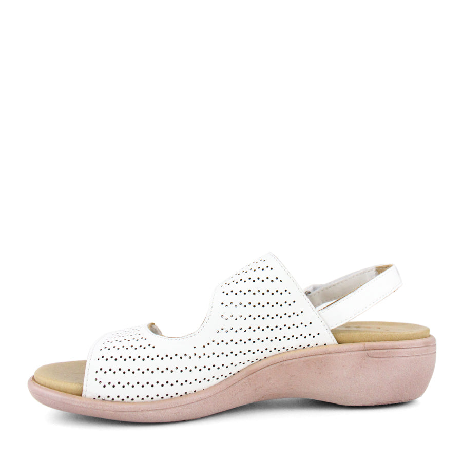 SIDE VIEW OF WHITE Y BACK SANDAL WITH VELCRO ADJUSTABLE STRAPS AND PERFORATED DETAILING 