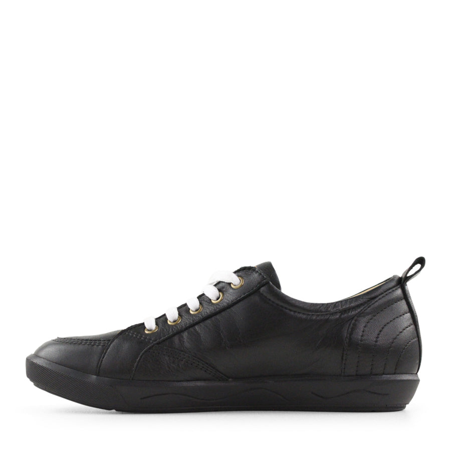 SIDE VIEW OF BLACK LACE UP SNEAKER WITH BLACK STITCHING AND SOLE 