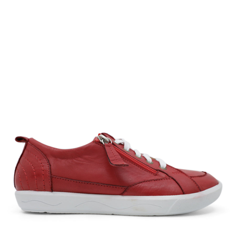 SIDE VIEW OF RED LACE UP SNEAKER WITH SIDE ZIP AND WHITE SOLE 