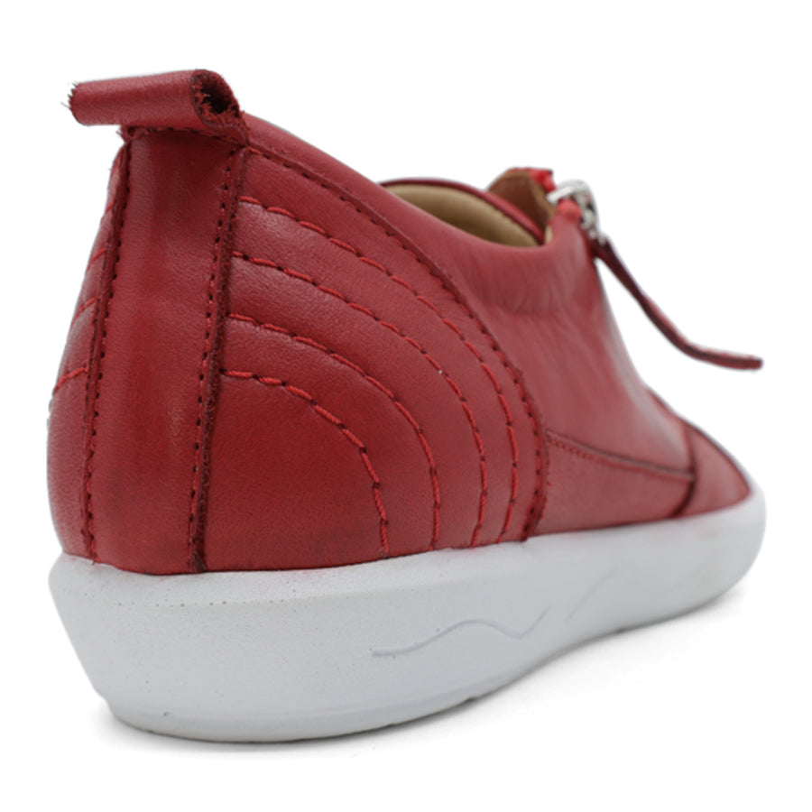 BACK VIEW OF RED LACE UP SNEAKER WITH SIDE ZIP AND WHITE SOLE 