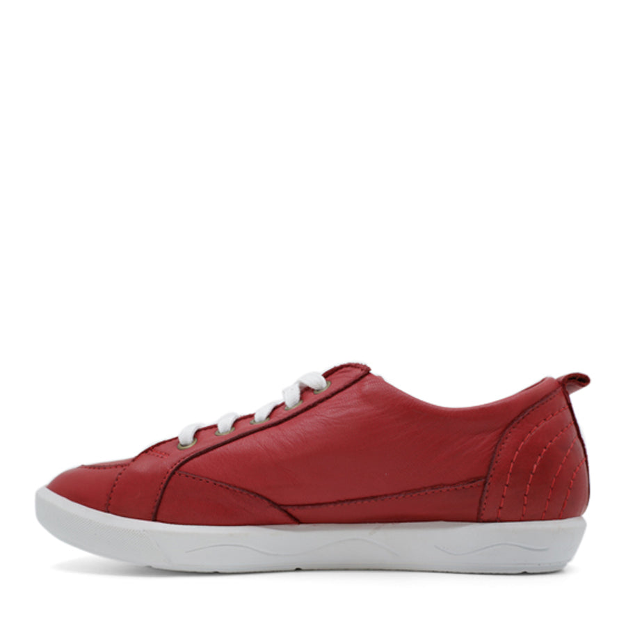 SIDE VIEW OF RED LACE UP SNEAKER WITH SIDE ZIP AND WHITE SOLE 