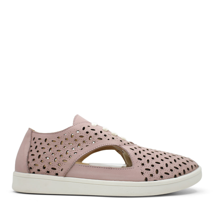 SIDE VIEW OF PINK LACE UP CASUAL SHOE WITH SPECKLE CUT OUT DETAILING 