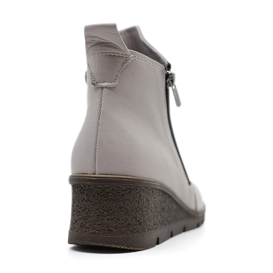 GREY LEATHER ANKLE BOOT WITH SIDE ZIP AND BLOCK WEDGE HEEL