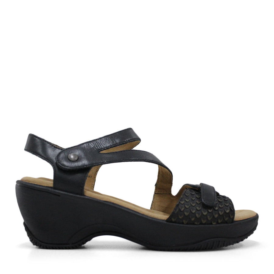 SIDE VIEW OF BROWN MID HEEL WITH Y BACK STRAP, WHITE SOLE 