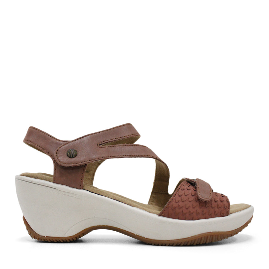 SIDE VIEW OF BROWN MID HEEL WITH Y BACK STRAP, WHITE SOLE 