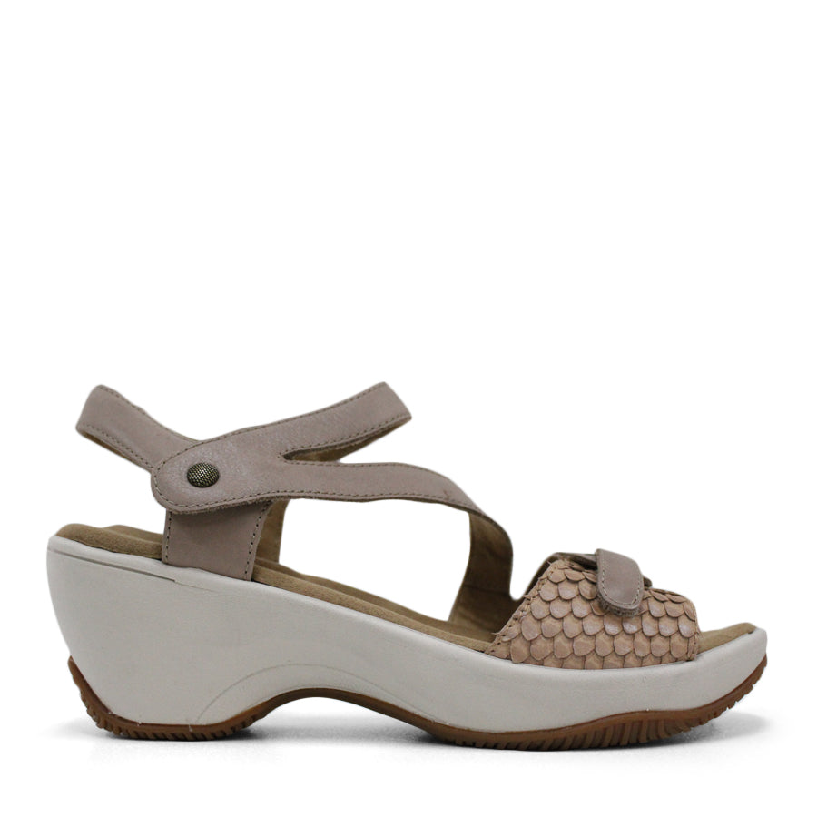 SIDE VIEW OF TAUPE MID HEEL WITH Y BACK STRAP, WHITE SOLE