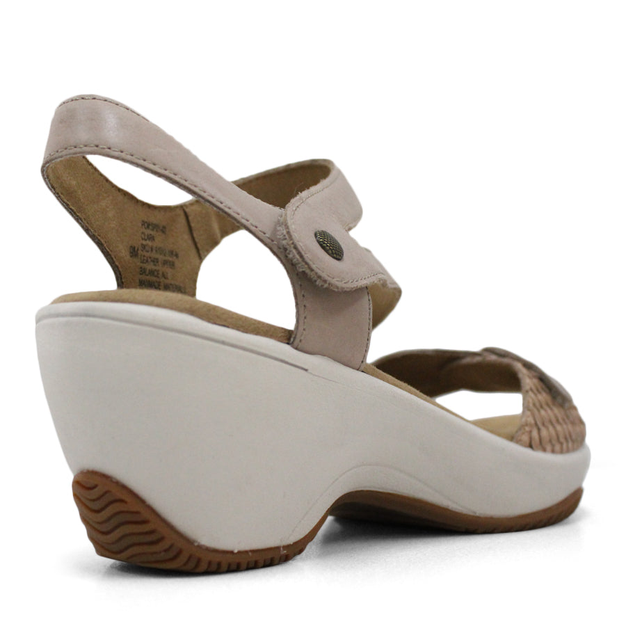 BACK VIEW OF TAUPE MID HEEL WITH Y BACK STRAP, WHITE SOLE