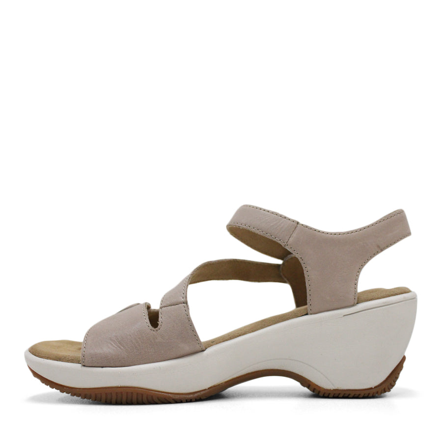 SIDE VIEW OF TAUPE MID HEEL WITH Y BACK STRAP, WHITE SOLE