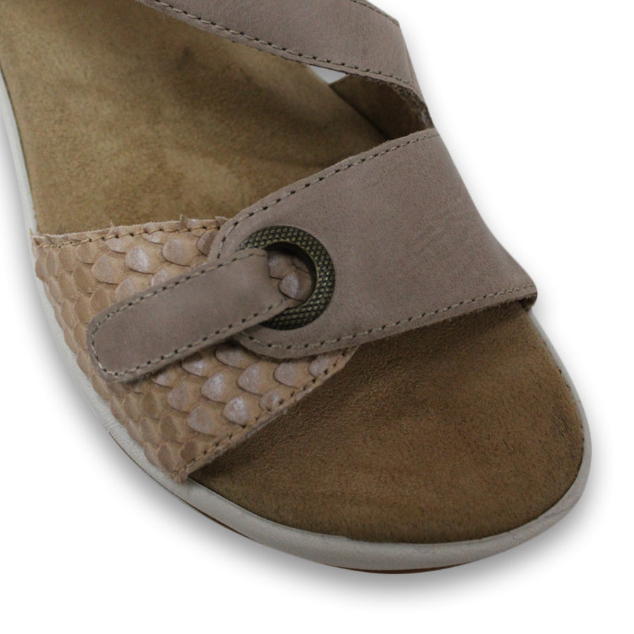 FRONT VIEW OF TAUPE MID HEEL WITH Y BACK STRAP, WHITE SOLE