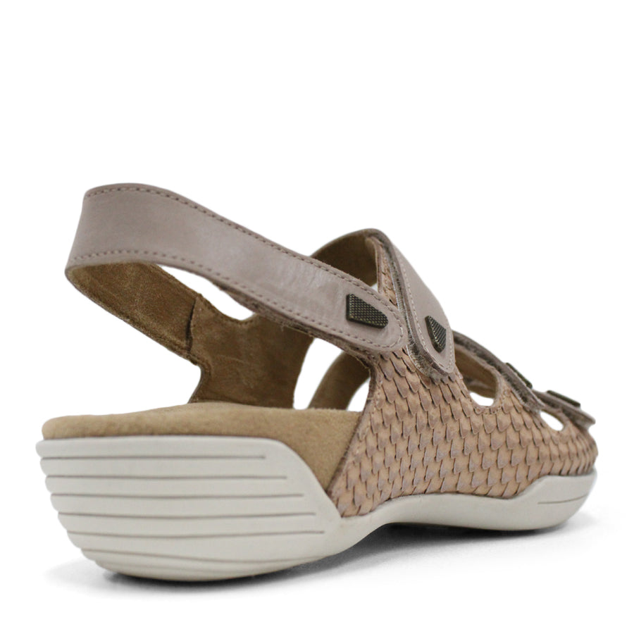 BACK VIEW OF TAUPE FLAT SANDAL WITH 3 STRAPS OVER THE FOOT AND ONE AROUND THE HEEL. TRIANGLE PATTERN DETAIL. 